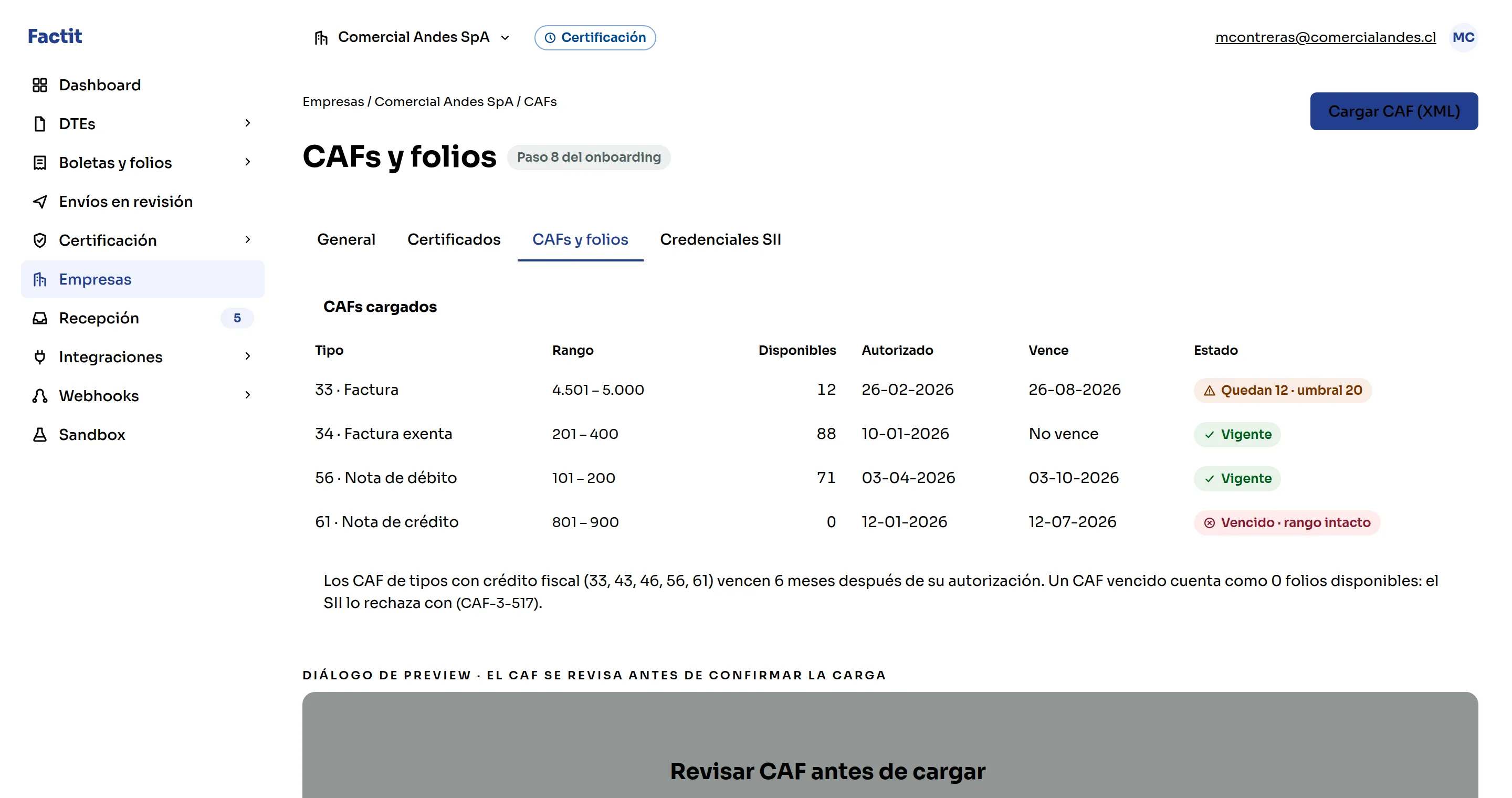 Pantalla de CAFs y folios: por cada tipo de documento el rango, los folios disponibles, la fecha de autorización, la de vencimiento y el estado, con un CAF marcado "Quedan 12 · umbral 20" y otro "Vencido · rango intacto".